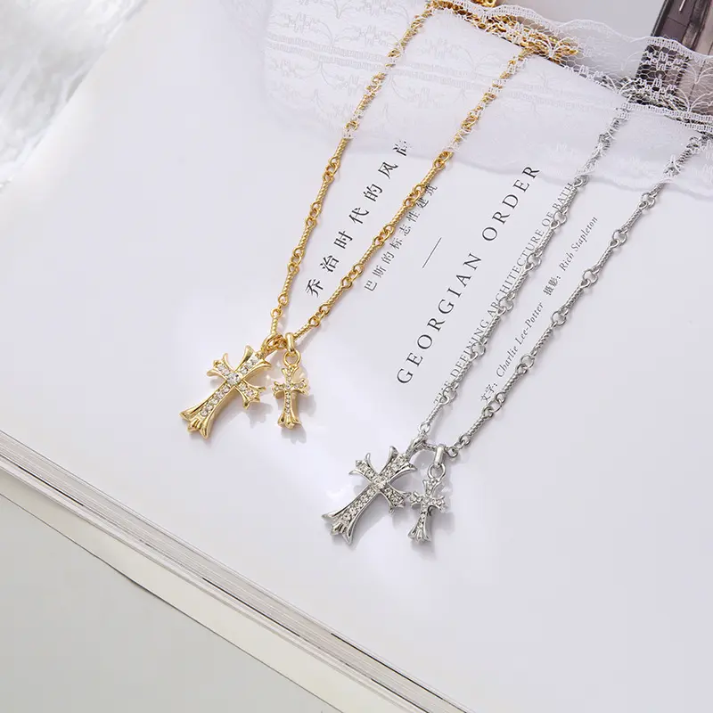 Cross-border Cross Necklace by Chrome Hearts, Fade-Resistant, Light Luxury Gold-Plated, Diamond-Inlaid, Premium Couple Sweater Chain Pendant