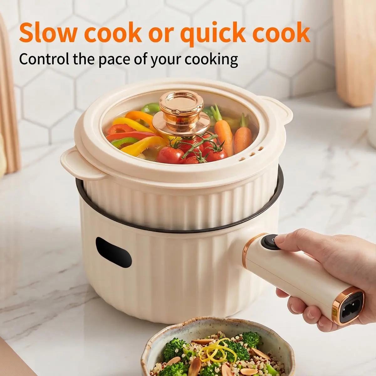 【BackToSchool】1.4L Small Size 2-in-1 Corded Electric Hot Pot with Steamer - Kitchen Appliances, Home Goods, Non-Stick Cooker, Adjust Temp, Detachable Plug, Overheat Safe, Portable Ramen Maker for Dorm Users, Apartment Single Serving