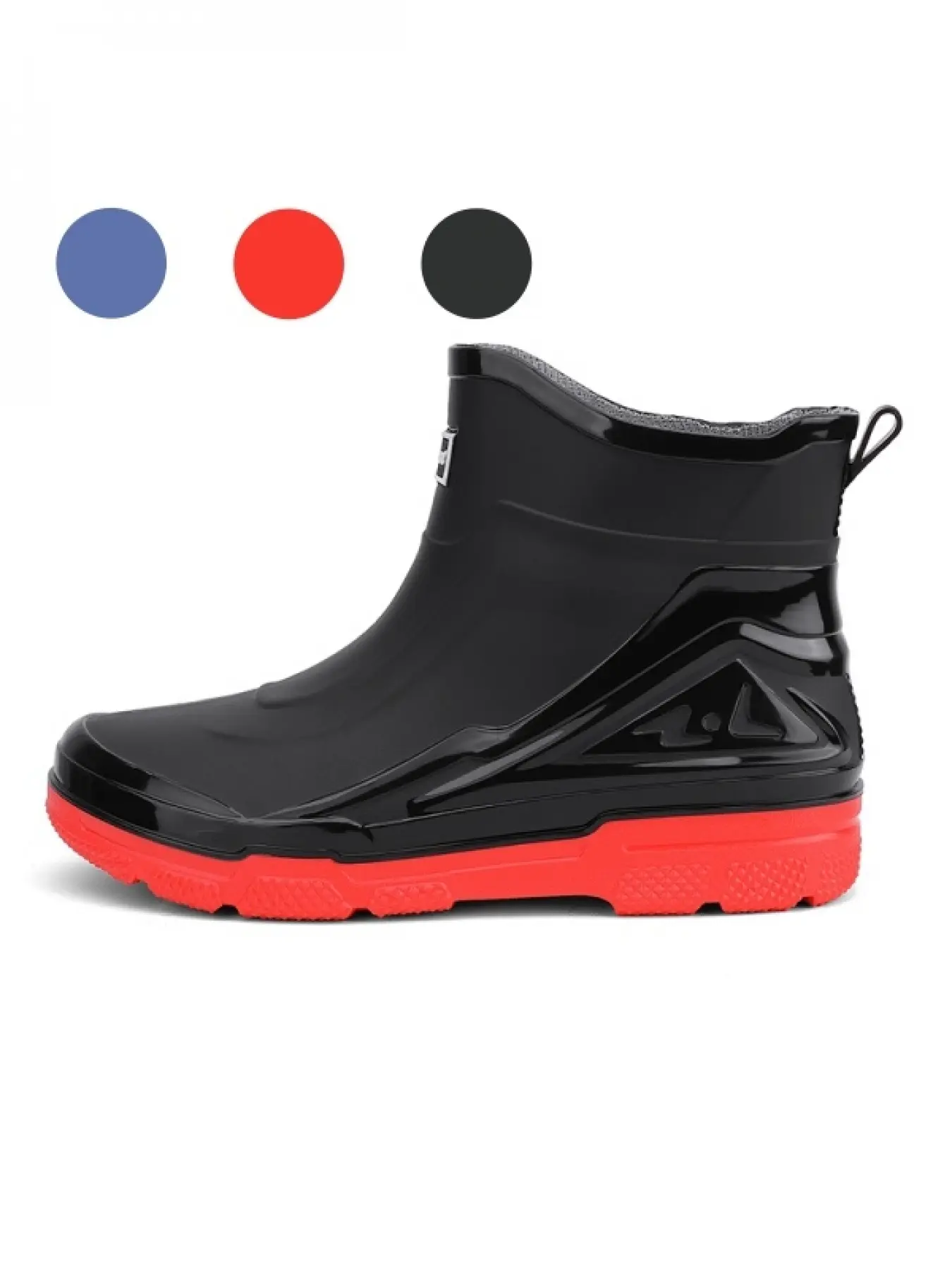 Women's Chelsea Short Rain Boots Black Red Mecha Contrast, White Square Tag Grain Red Sole Waterproof Rubber Shoes, Anti Slip for Commute Car Wash Walking