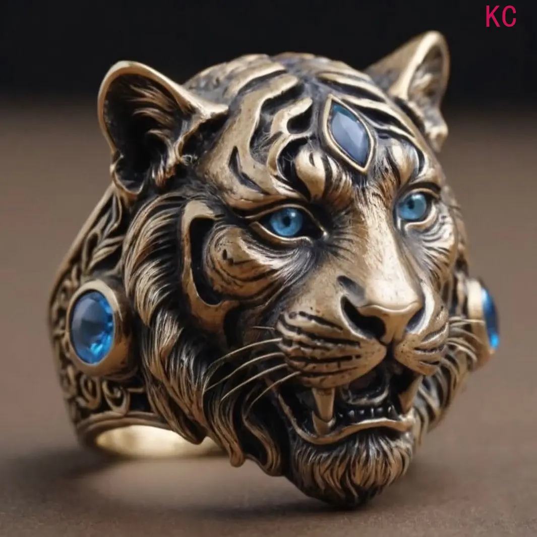 Alloy Tiger Head Ring, Bold Animal Themed Finger Jewelry For Men Daily Street Outfit Matching