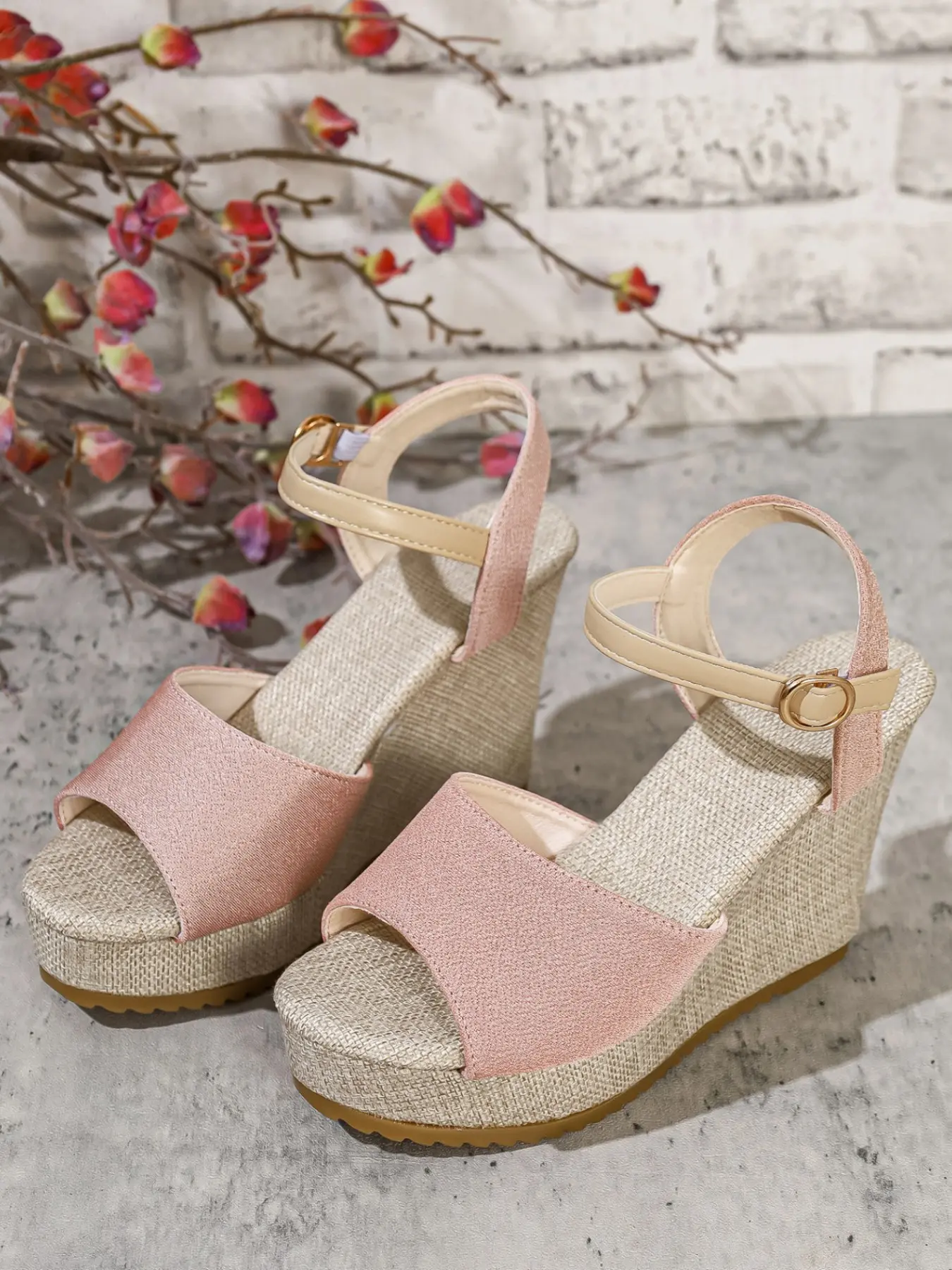 Women Single Strap Platform Wedge Sandals, Adjustable Ankle Buckle Open Toe Espadrille Wedges, 3 Colors White Pink Black