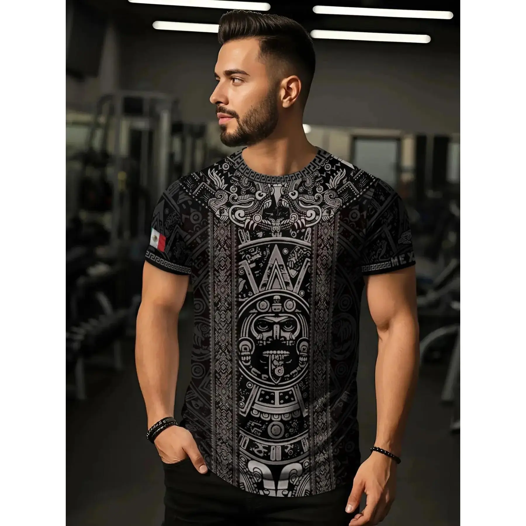Menswear Aztec Sun Stone Pattern Mexico Heritage Cultural Long Sleeve Shirt, Streetwear Sporty Fitted Ethnic Striped Geometric Top, All-Season Professional Sports Clothing, Black