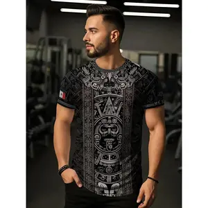 Menswear Aztec Sun Stone Pattern Mexico Heritage Cultural Long Sleeve Shirt, Streetwear Sporty Fitted Ethnic Striped Geometric Top, All-Season Professional Sports Clothing, Black