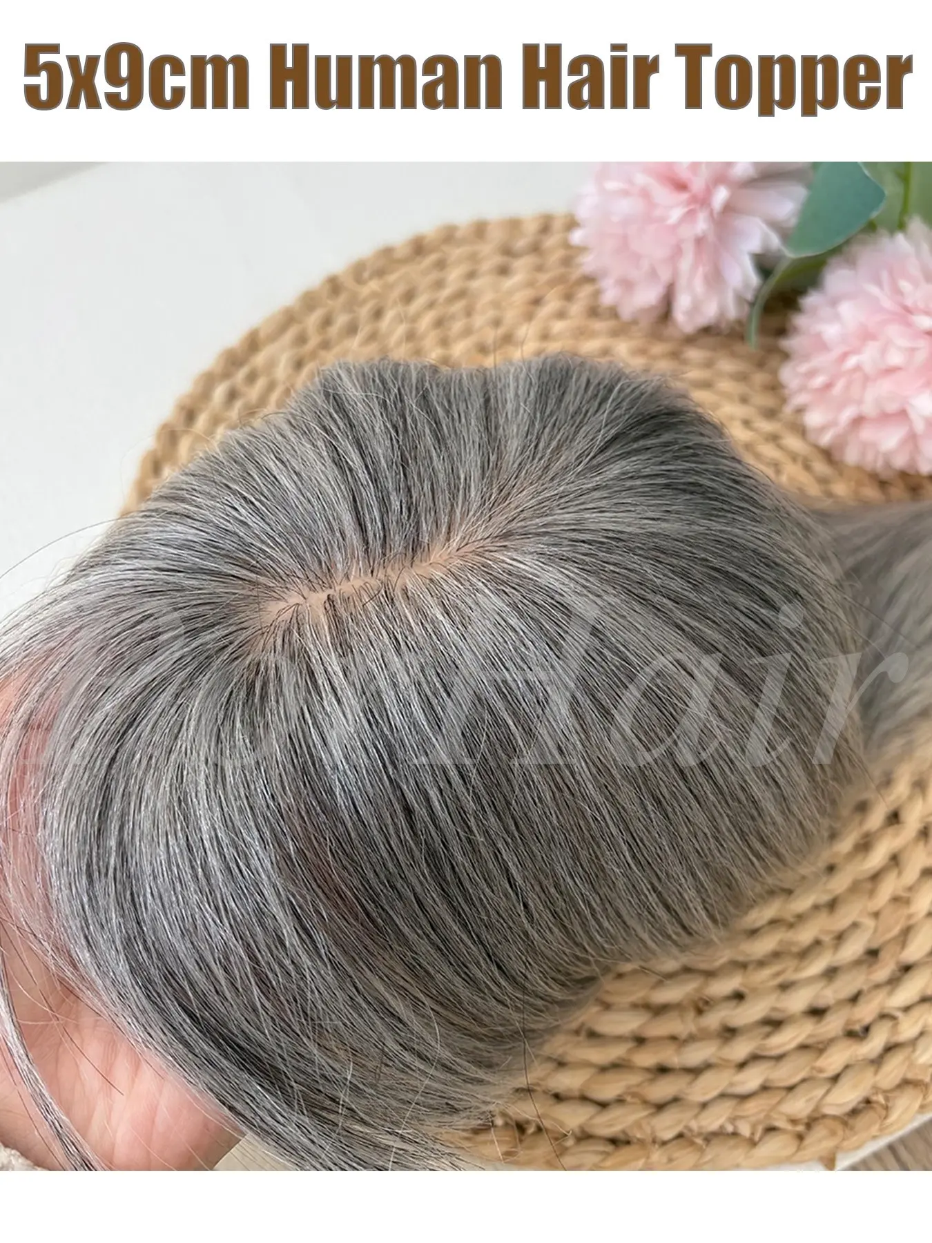 Natural Gray Human Hair Topper With Bangs Women 5cmX9cm Gray Human Hairpieces Straight Skin Scalp Clip in Topper Hair Pieces Human Hair