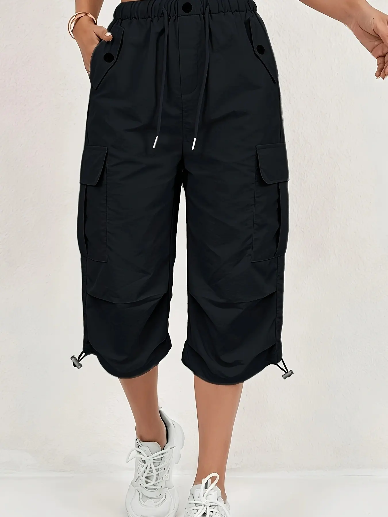 New Spring & Fall Drawstring Multi-Pocket Seven-Eighths Pants, Elastic Waist Workwear Pants, Women's Loose Casual Pants