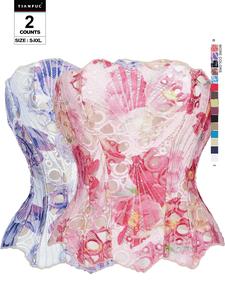 women's random pattern lace up shapewear tube top, elegant contrast lace corset top, tummy control shapewear for women, womenswear, lady underwear