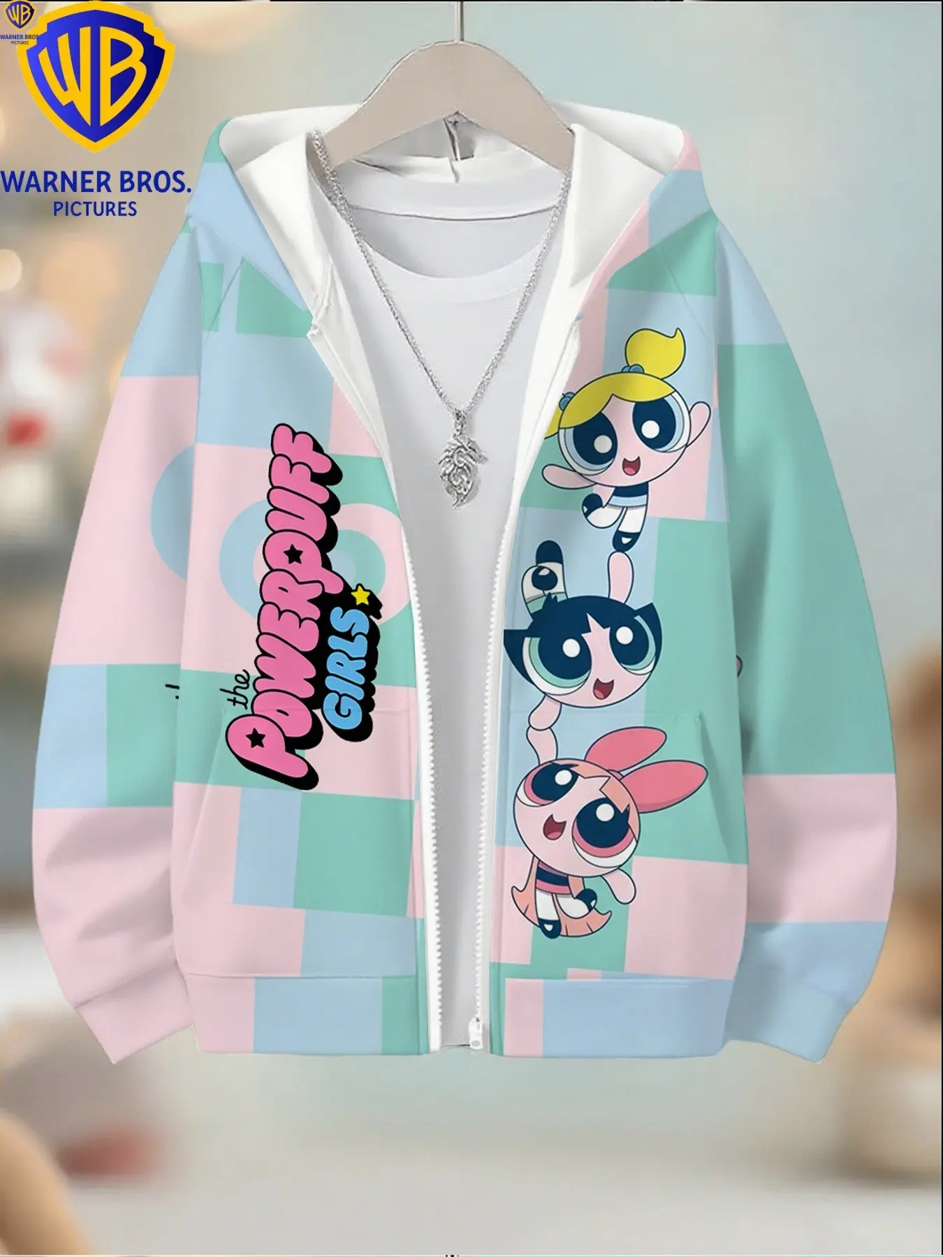 Warner Bros Official Girl's the Powerpuff Girls Hoodie, Blue Plaid Pattern Long Sleeve Zipper Jacket, Perfect for Christmas Halloween Birthday Gifts