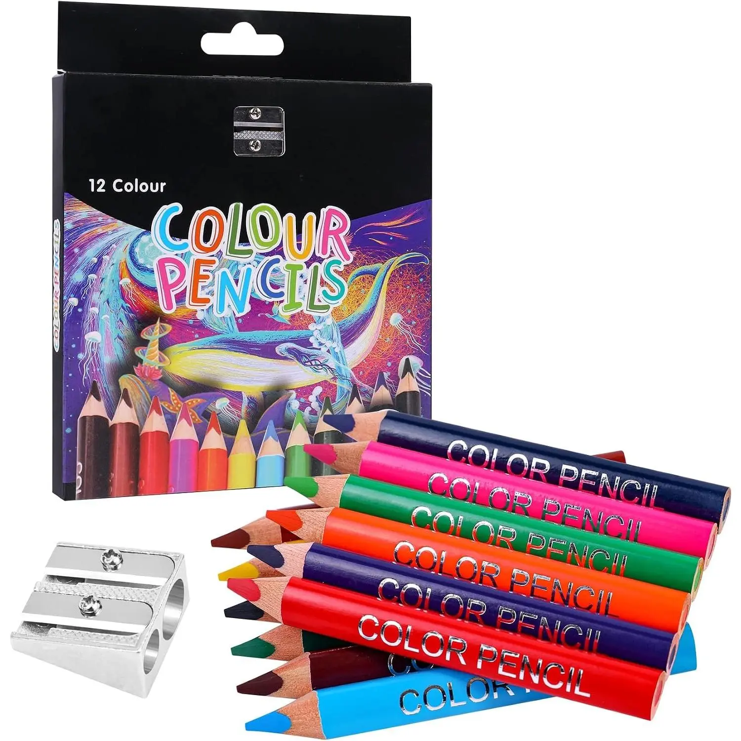 Triangular  Color Pencils, Short  Pre-Sharped Colored Pencils with Pencil Sharpener and Eraser, for Student Drawing and Doodling(12 Colors)
