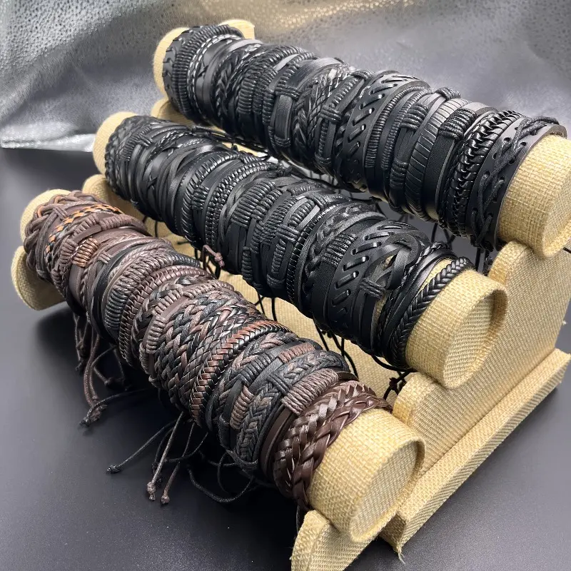35Pcs Mixed  Style Men's PU Leather Bracelet Set—Vintage Punk Woven Bracelets, Adjustable Handmade Accessories, Suitable for Daily and Gothic Fashion Styles