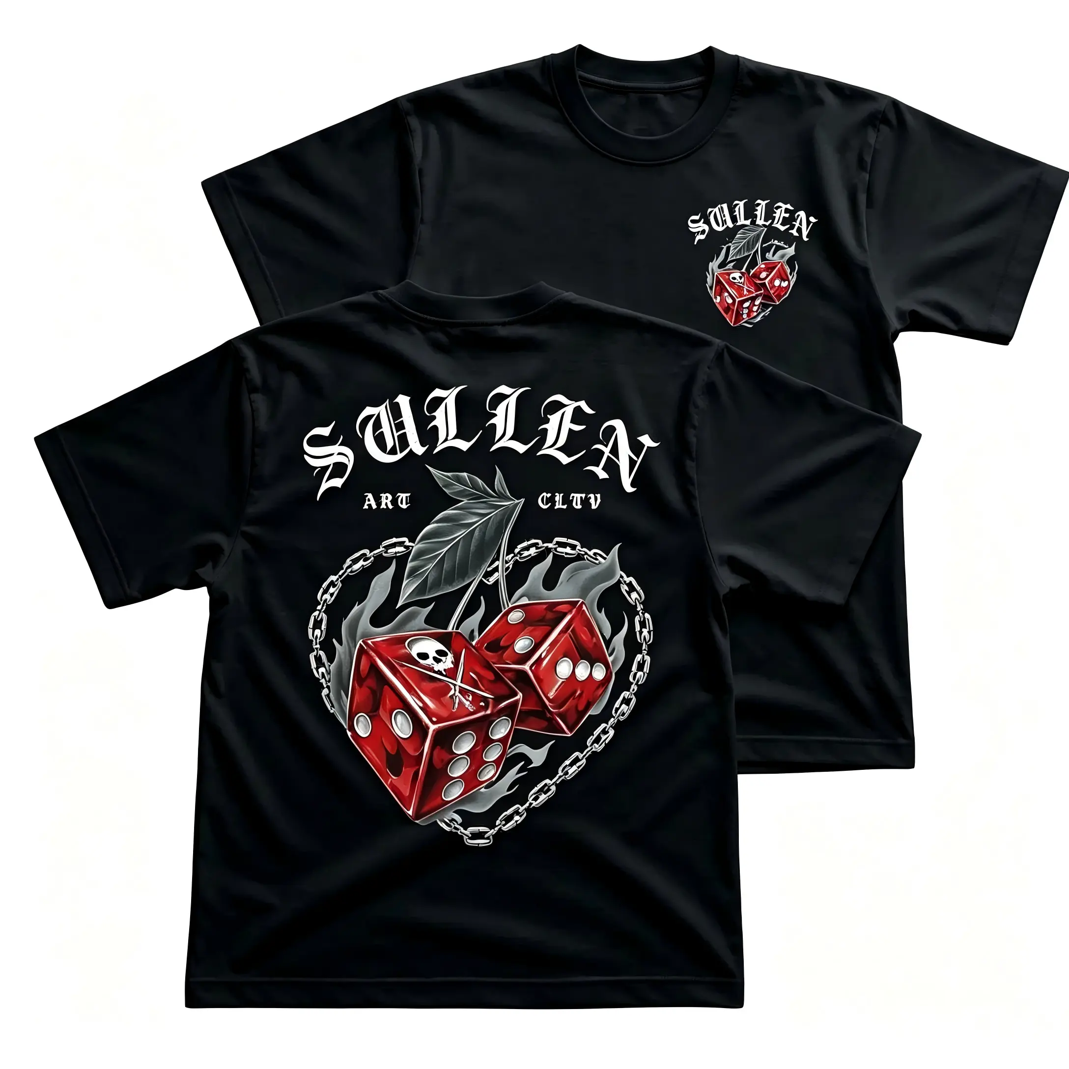 Sullen Red Dice Tattoo Style T-Shirt, Skull Dice Graphic Tee With Chain Back Print, Front Chest Sullen Logo Shirt, Bold Streetwear Biker Apparel Gift for Men
