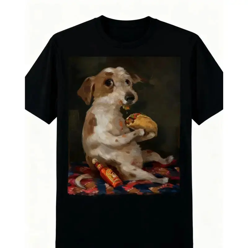 Unisex Dog Chill With Taco Print Round Neck Short-Sleeve Sports Top, Breathable Soft Cotton Fabric, Funny Meme Streetwear Tee for Dog Lovers, Casual Gift, Tshirt, Anti-Pill, Casual Tee, Machine Wash Ok, Universal Fit, Vivid Print, Regular Cut, Menswear