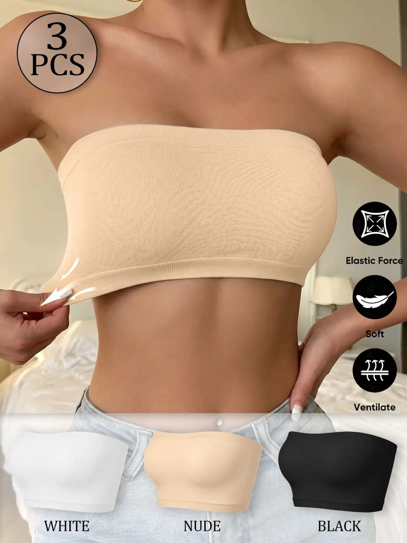3 Pack One Piece Seamless Strapless Bandeau Bra for Women, 4 Way Stretch Buttery Soft Breathable Tube Top, Non Slip Comfort Lingerie for Everyday Casual Wear