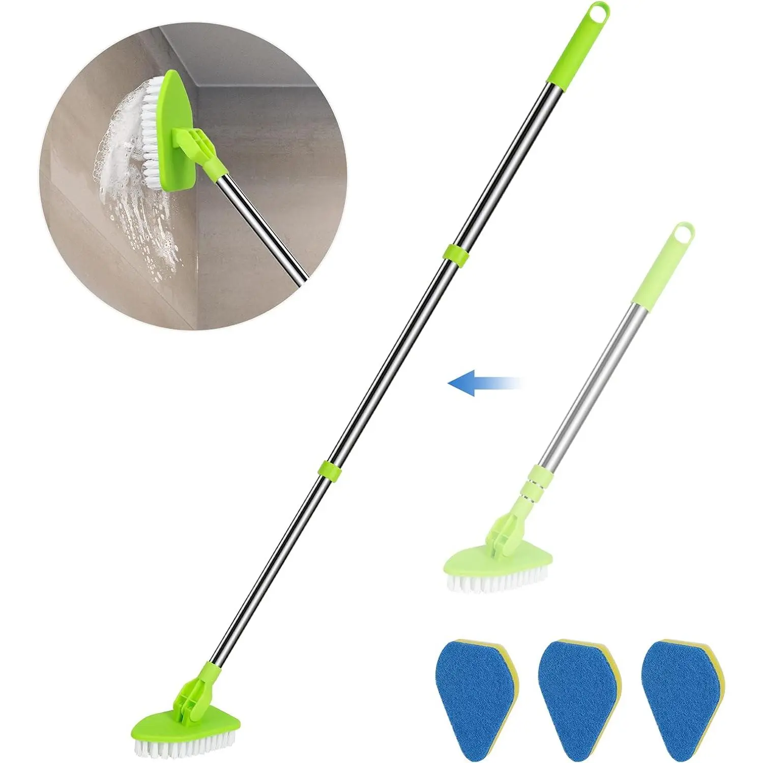 2-in-1 Durable Stainless Steel Scrub Brush Set with 37-in Adjustable Long Handle, 1 Synthetic Bristle Stiff Brush, 3 Sponge Pads, Lightweight Detachable Design for Toilet, Wall, Shower Cleaning