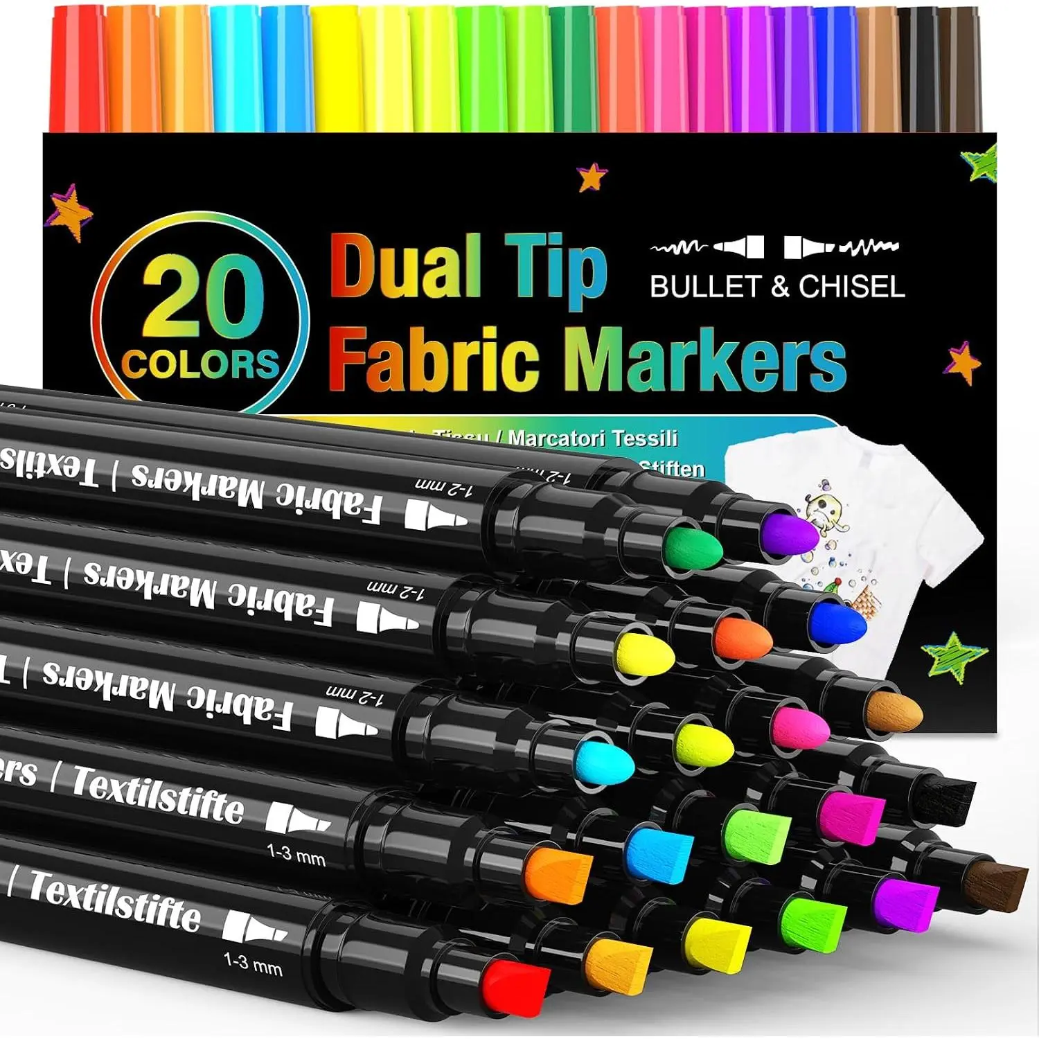 Tip Fabric Markers Permanent for Clothes, 20 Colors Fabric Decorating  Pens for , T-Shirt Shoe Markers for Sneakers Clothing Canvas Textile Bibs Coloring Book (Chisel & Fine Tip)