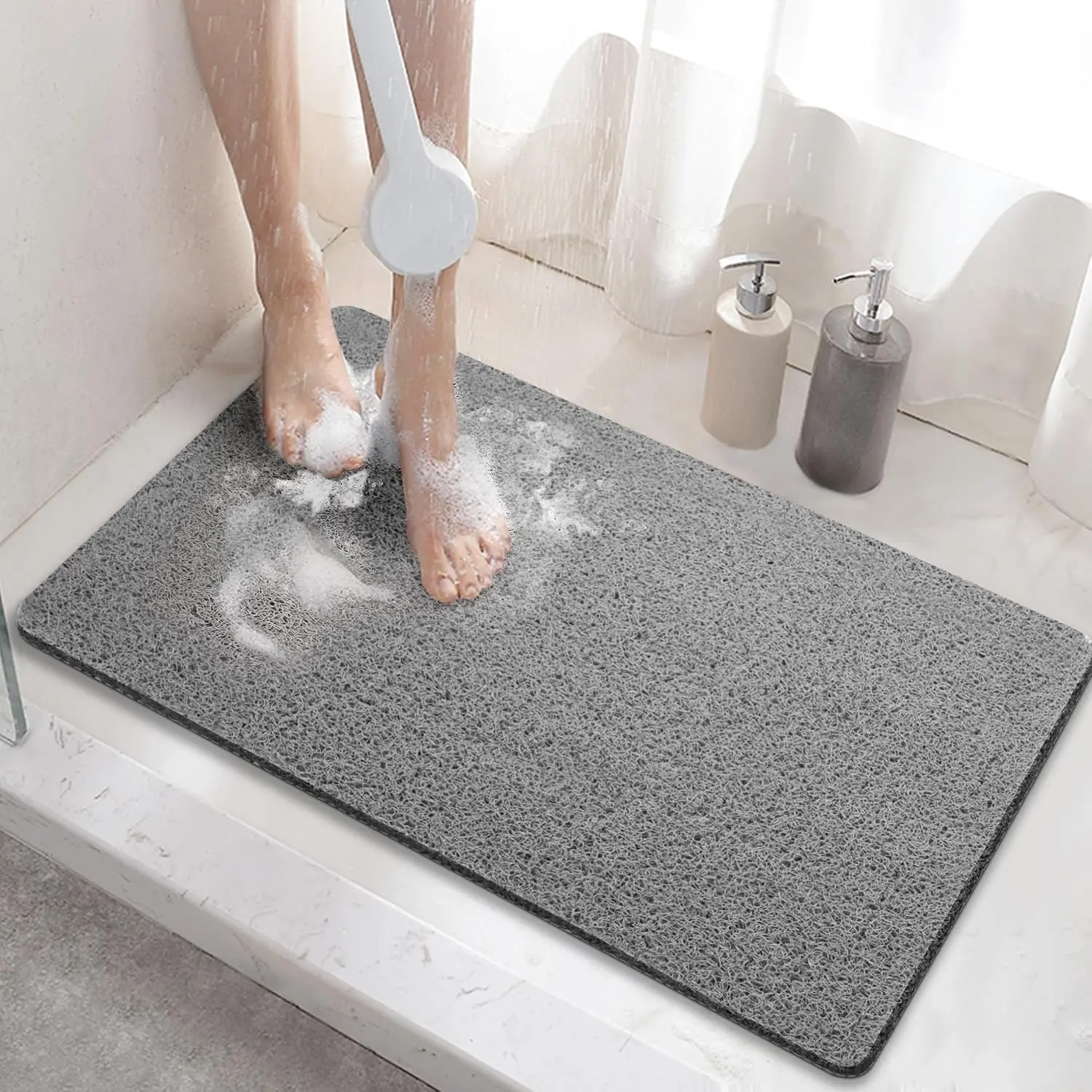 Shower mat Non Slip, 24 x 16 Inch Bath Mat for Tub with Drain Holes, Soft PVC Loofah Bathtub Mat Non Slip, Quick Drying Bathroom Shower Mat, Grey