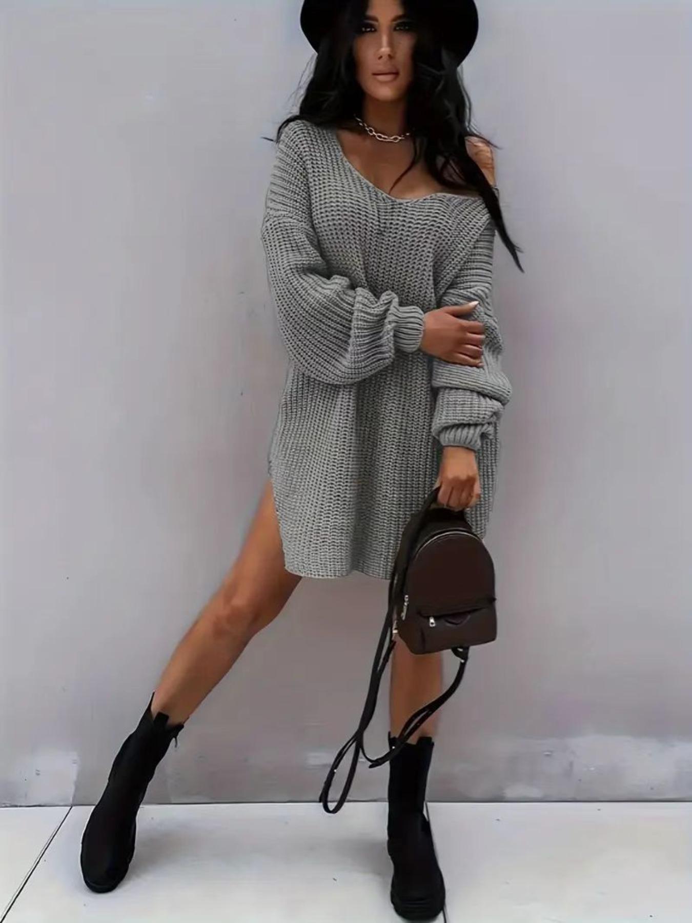 【Plus Size】 Women's Solid Color Sweater Dress, Casual Comfy Chic Knit Dress for Fall & Winter, Women's Plus Clothing for Daily Wear