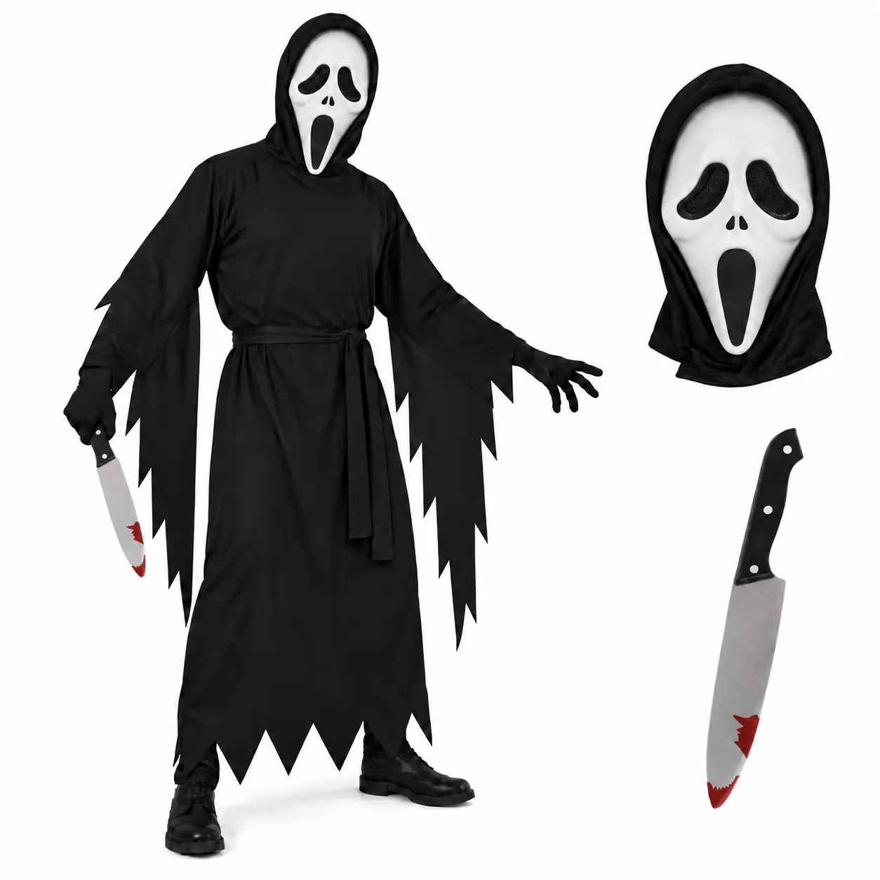 Ghostface Scream Halloween Costume Robe Set for Adults and Kids with Hooded Mask, Waist Tie, Gloves and Prop Knife Villain Character costume tops
