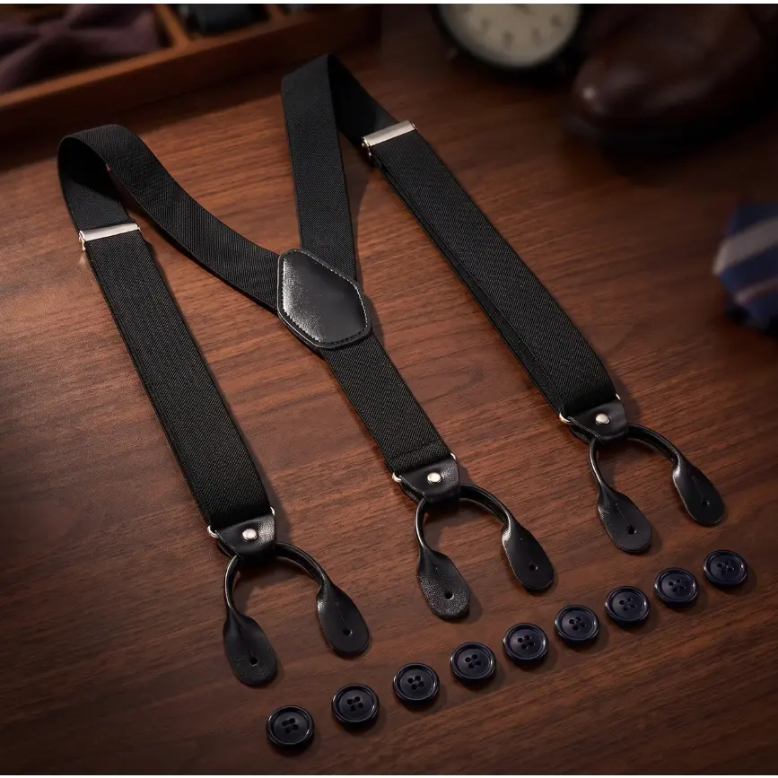 Men's Button Suspenders – Heavy Duty Adjustable Y-Back Elastic Suspenders with Leather Button Ends for Suits, Tuxedos & Dress Pants