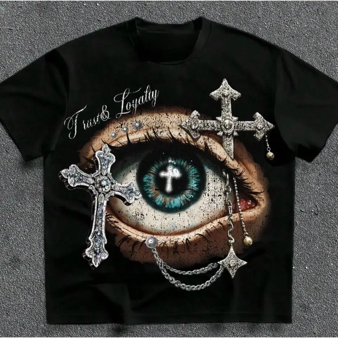 Eye & Cross Graphic Print T-Shirt Unisex Vintage Gothic Grunge Tee Retro Y2K Emo Scene Streetwear Short Sleeve Tops Men Women Casual Gift Shirts Daily Outfit neck round casual streetwear humor
