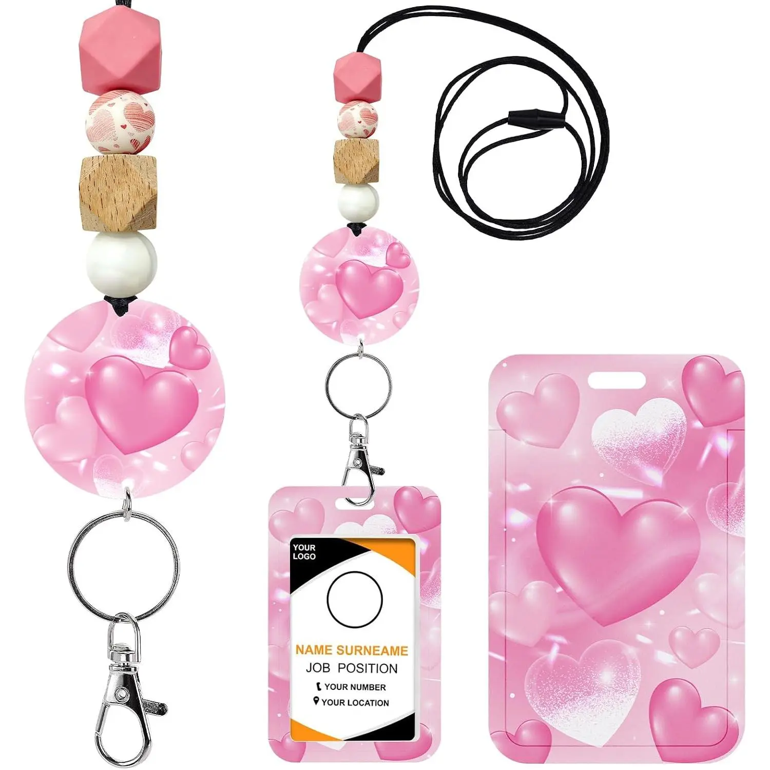 Cute  Lanyard with ID Badge Holder, Y2K Heart Lanyard for ID Badges, Fashion Beaded Breakaway  Accessories for Women Girls Teacher Office Worker Essentials