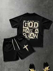 Men's Summer Set God Has a Plan Motivational Quote, Vintage Letter Print Short Sleeve Tee, American High Street Cross Drawstring Shorts, Casual Outdoor Wear