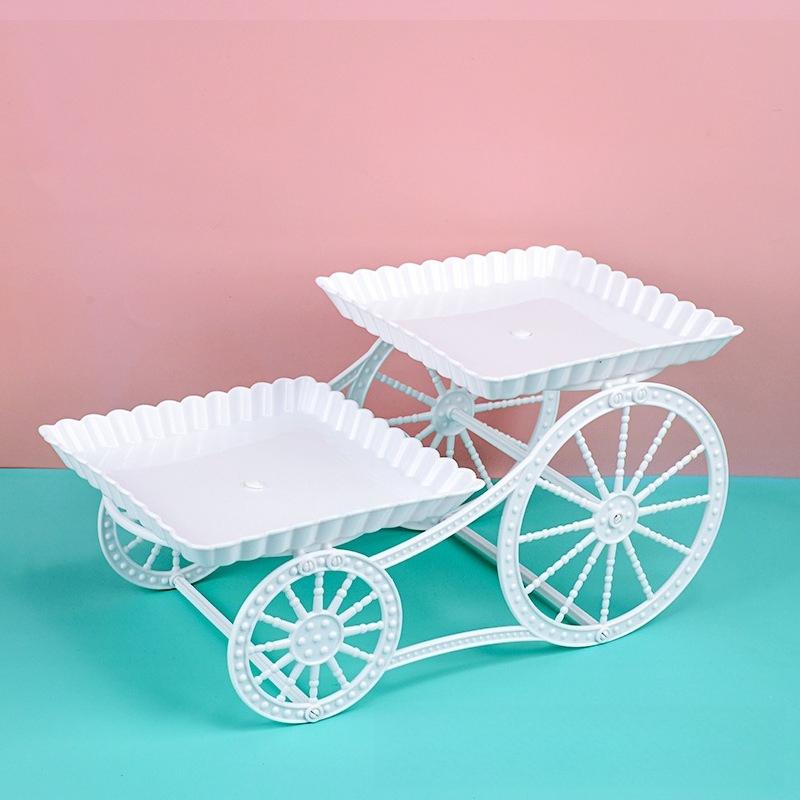 For Weddings, Parties, Birthdays & Holidays, Dessert Display Solution, 2-tier Plastic Cart-style Cake Stand, Ruffled Tray & Exquisite Wheel Pattern, Effortlessly Create Exquisite Dessert Display, Party Dessert Stand Supplies