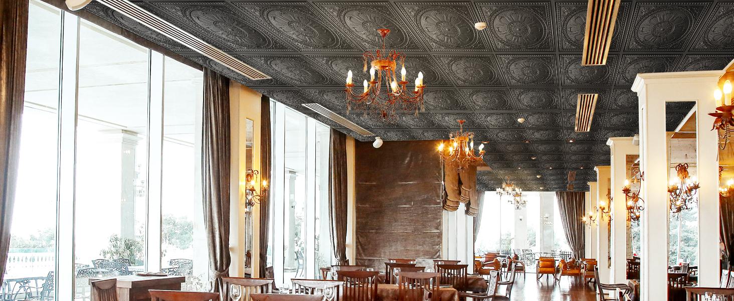 Drop Ceiling Tiles 24"x24", PVC Panels Ceiling Tiles Waterproof Reusable, Covers 48 Sq.Ft., Baroque Decorative Tiles for Home & Use (Pack of 12, Black)