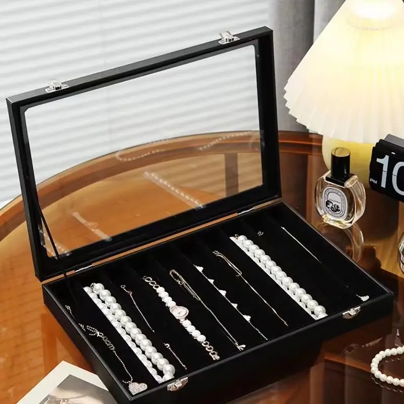 Pearl Necklace Storage Box with Lid, Glass Dust-Proof Long Bracelet Bead Jewelry Case, Thick Necklace Organizer Display Tray