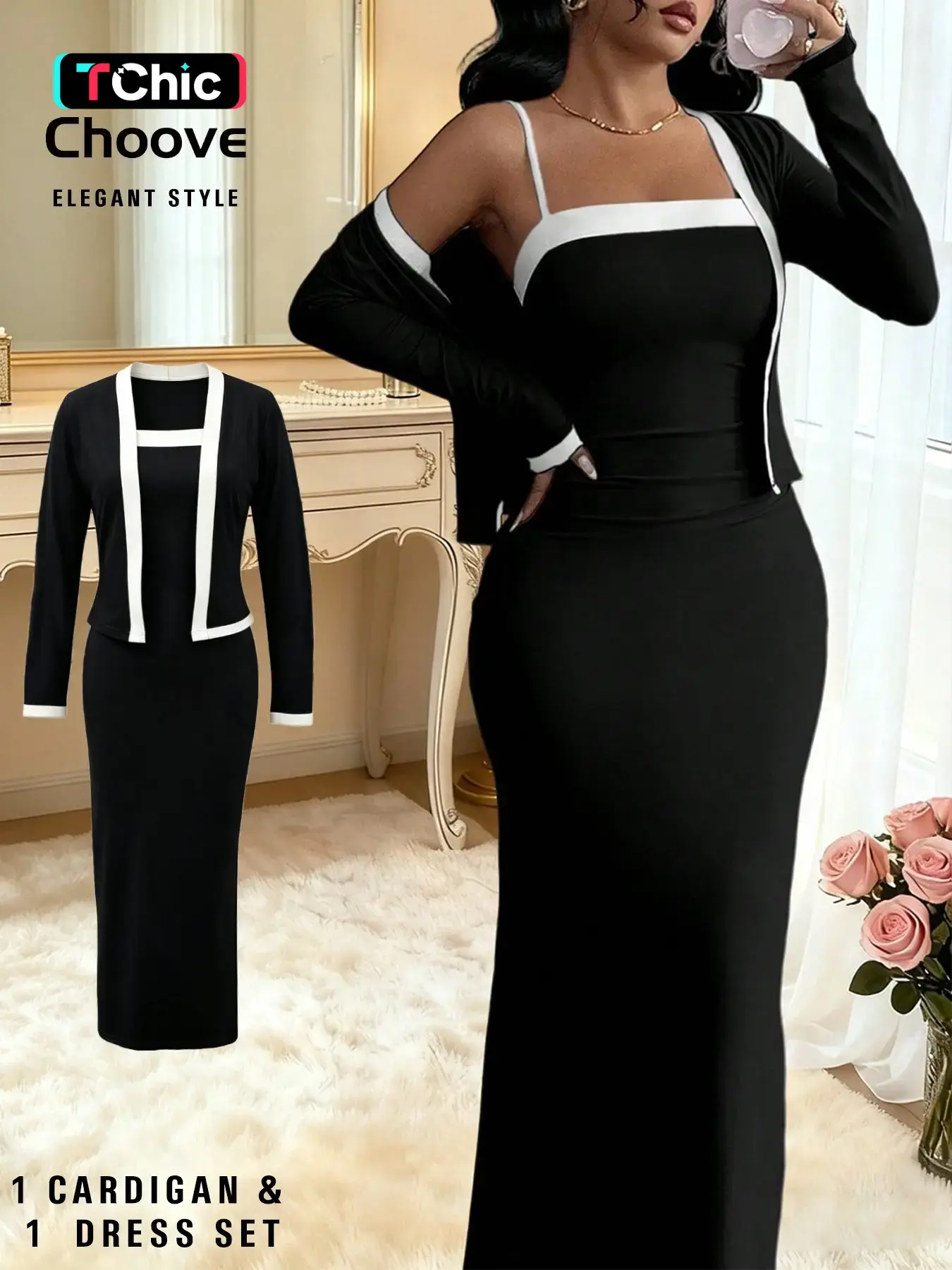 2pcs/Set Women's Elegant Black And White Color Block Long Sleeve Cardigan And Slip Dress Suit, Date Party, Commute Autumn/Fall Wear Chic Elegant Fit