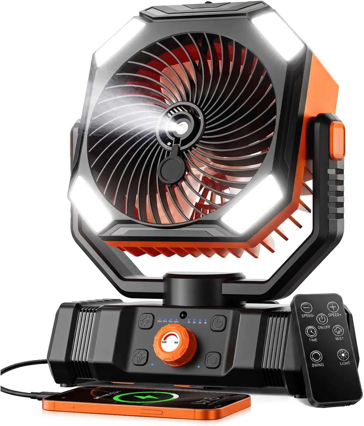 Portable spray fan, equipped with a 20000mAh USB rechargeable battery, 250mL water tank, and LED light--cooling fan with spray function, suitable for camping, home, tent, beach, picnic, barbecue, outdoor and indoor use
