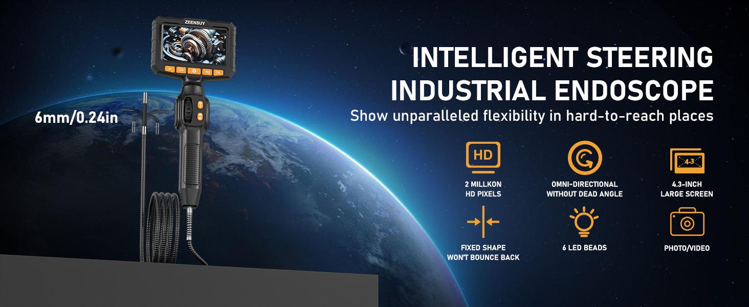 Two-Way Articulating Borescope Camera with Light, Industrial Endoscope Inspection Camera with Light, 0.24in Articulated Probe, 5FT Flexible Snake Scope for Wall Automotive Engine Plumbing HVAC Inspect