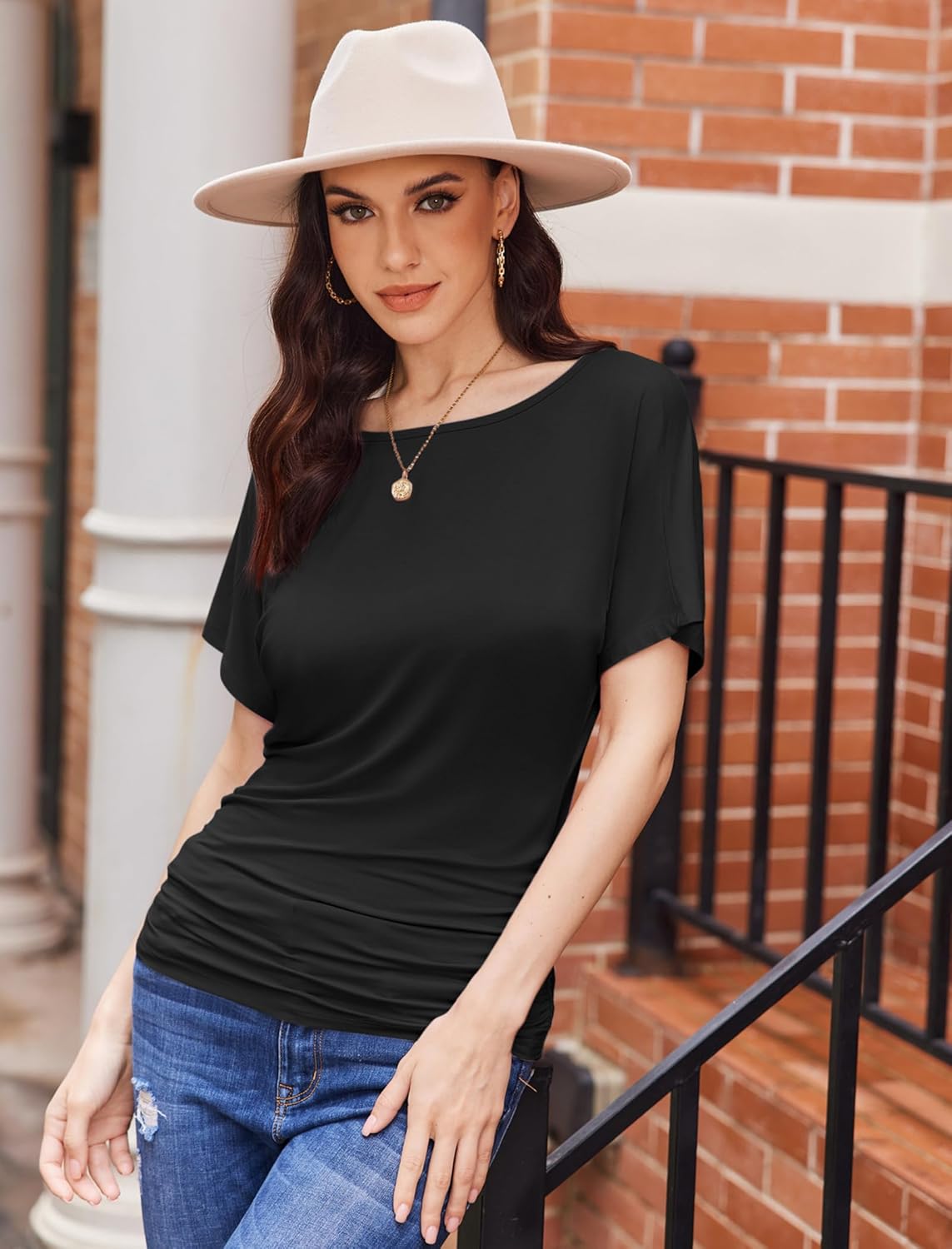 Womens Ruched Tops Casual T Shirts Dolman Short Sleeve Shirts Boat Neck Summer Off Shoulder Batwing Tops 2026