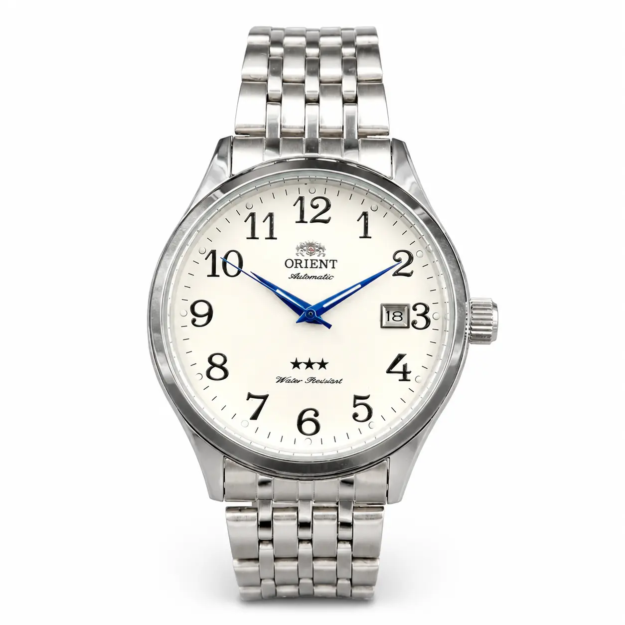 Orient 3-Star Automatic Casual Classic Men's Watch - Stainless Silver Steel Band, White Full Numeral Dial, Blue Hands, Water Resistant, Date Display