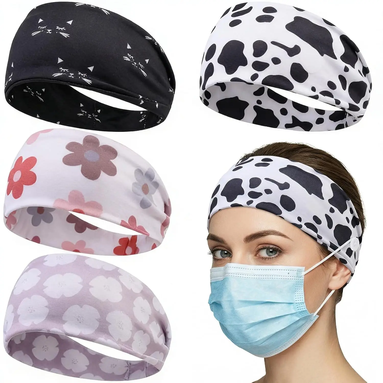 4 count Headbands with Buttons for Mask, Wide Non Slip Elastic Nurse Headbands, Ear Protection Hairbands for Women Men Doctors,  Absorbing  Headbands