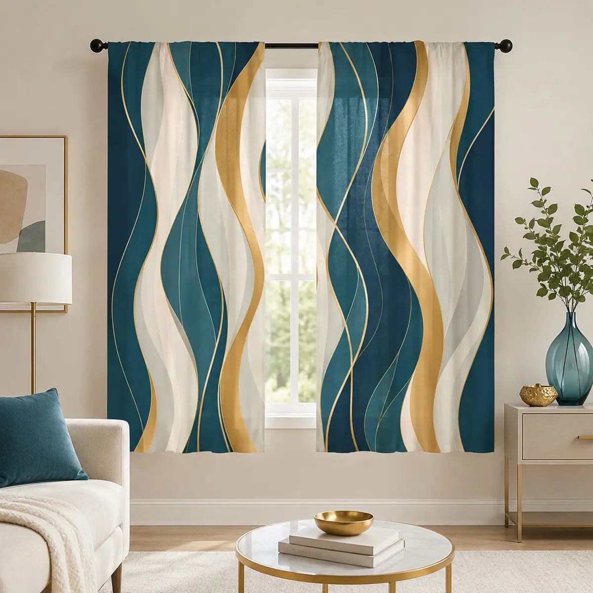 2pcs Abstract wave-pattern semi-blackout curtains featuring a gradient from lake blue to navy, accented with fine light-gold line prints; made of polyester and suitable for bedrooms, kitchens, studies, cafés, and more.