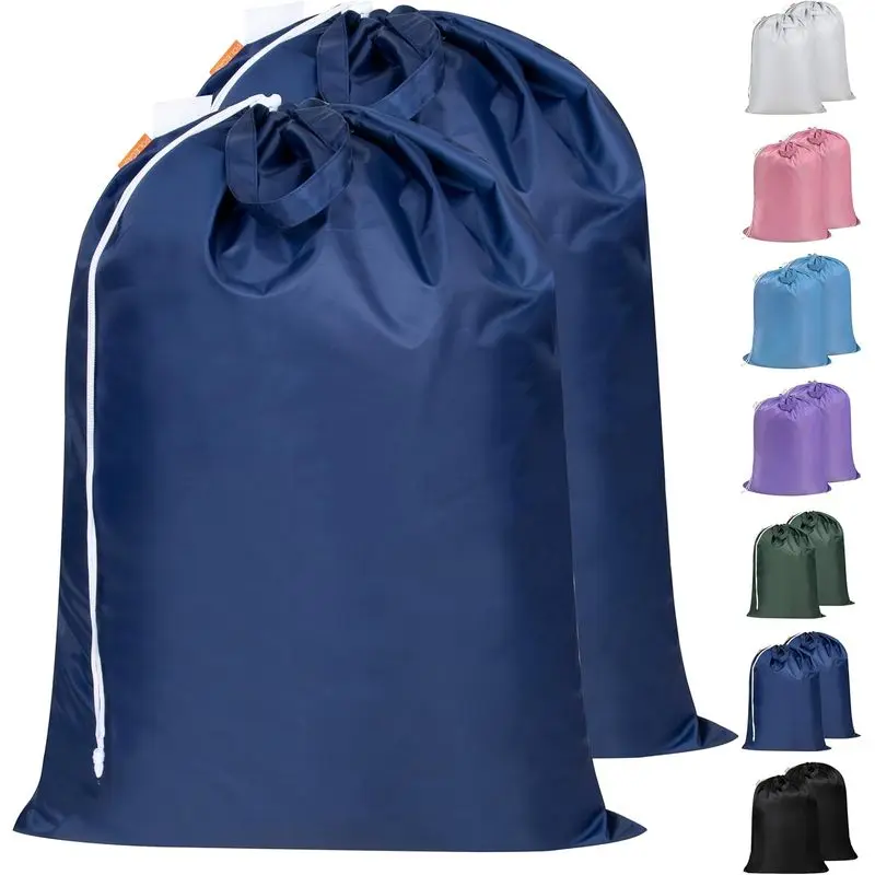 Navy Heavy Fabric Laundry Bags 2-Pack - Extra Heavy-Duty Carry Bags with Reinforced Handles, Drawstring Closure, ID Tag, Machine Washable for College Dorm (28x36 in)