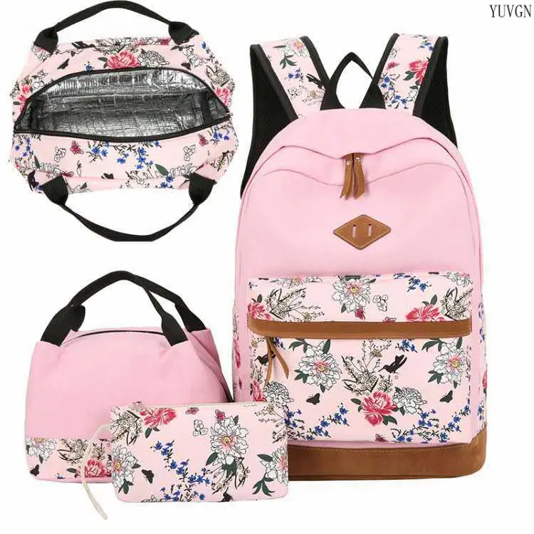 Unisex Lightweight Oriental Floral Bird Print 3-Piece Student Backpack Set - Insulated Tote, Mini Pouch, Multi-Pocket Gym Shoulder Bag for Campus, Daily Travel