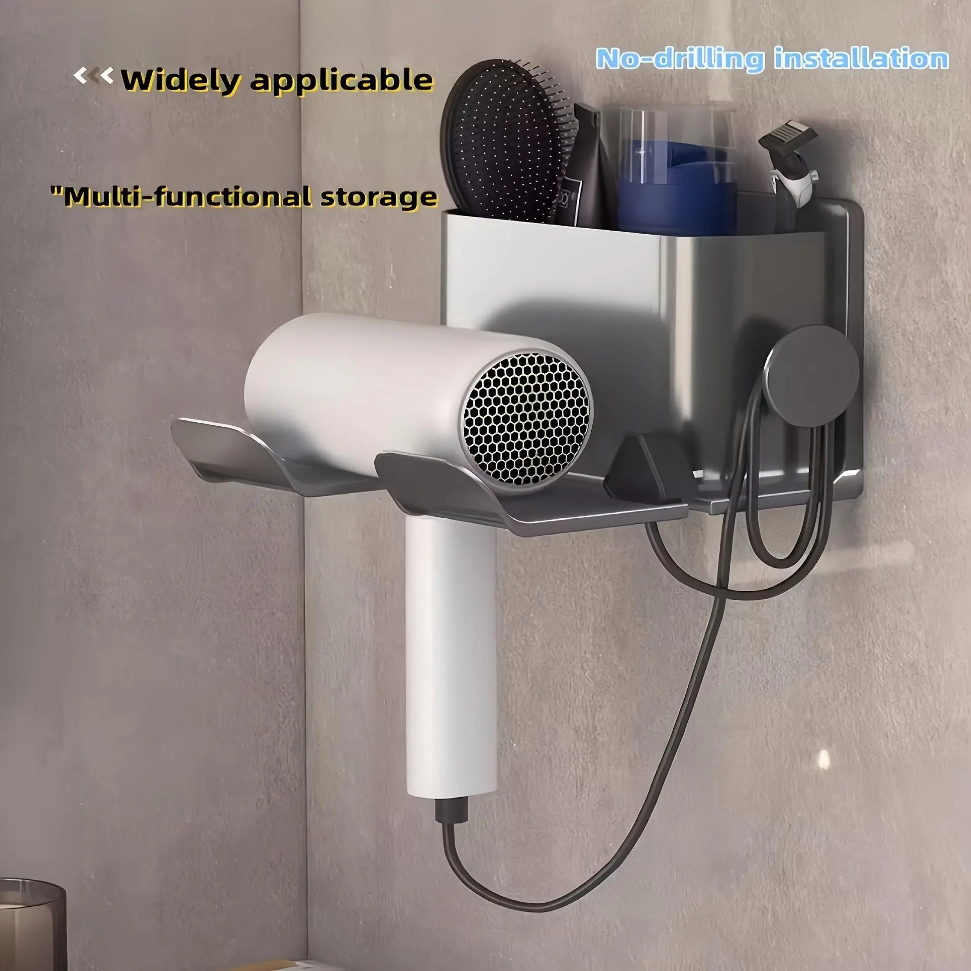 A wall-mounted hair dryer storage rack, minimalist and practical style, with storage compartments and cable management. Perfect for home users to store hair dryers and small bathroom items on the bathroom wall.