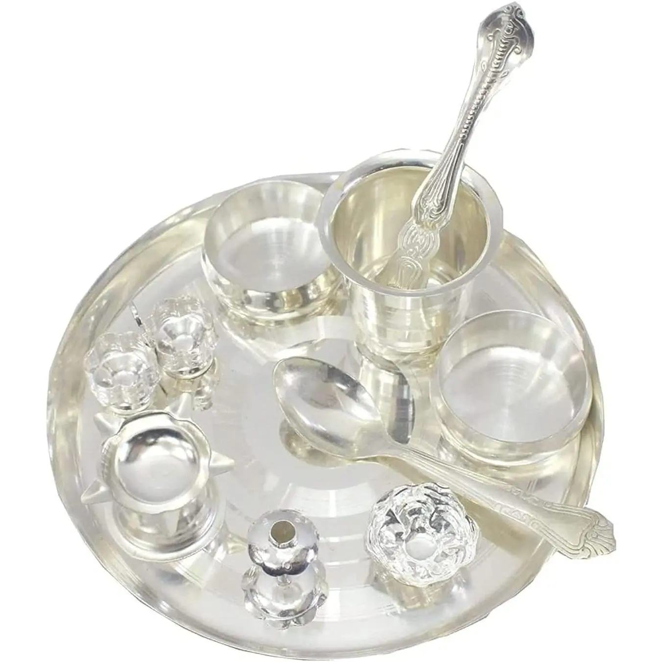 Pooja Thali Set Silver Plated 8 Inch Puja Thali for Diwali Decoration Gift Items Festival Ethnic Puja Thali for Temple Office Home Wedding Return Gifts