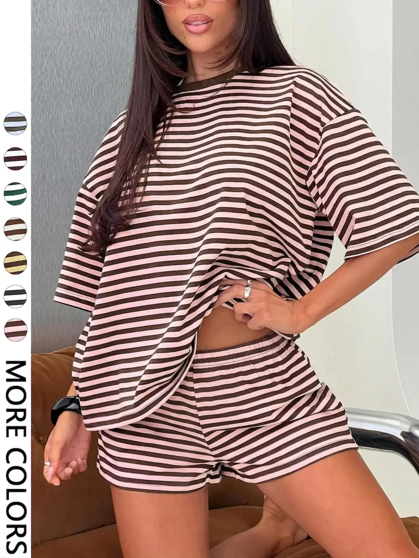 Women's Loose Stripe Casual Two-Piece Set | Soft Casual Short-Sleeve T-Shirt + Elastic Waist Shorts | Breathable Everyday Pajama Loungewear Set, Stylish for Home and Streetwear, Available in Multiple Colors