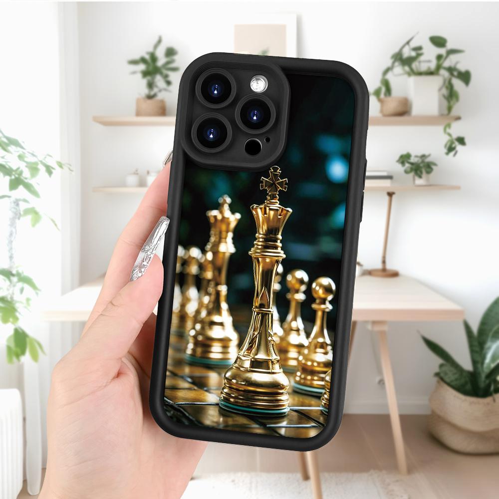 Creative - Summer Fresh Luxurious Golden Chess Queen Crown Art Ornament - UV Printed for iPhone 17 E Air Pro ProMax iPhone16 15 14 Plus 13 12 Mini 11 X XS XR - Black TPU Soft Case, Providing Shock Protection