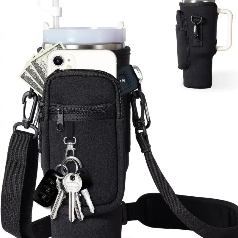 Neoprene Tumbler Holder Crossbody Bag for Stanley 40oz, Multi-Pocket Water Bottle Sleeve Cover, Adjustable Strap, Shockproof, Gym Hiking Travel
