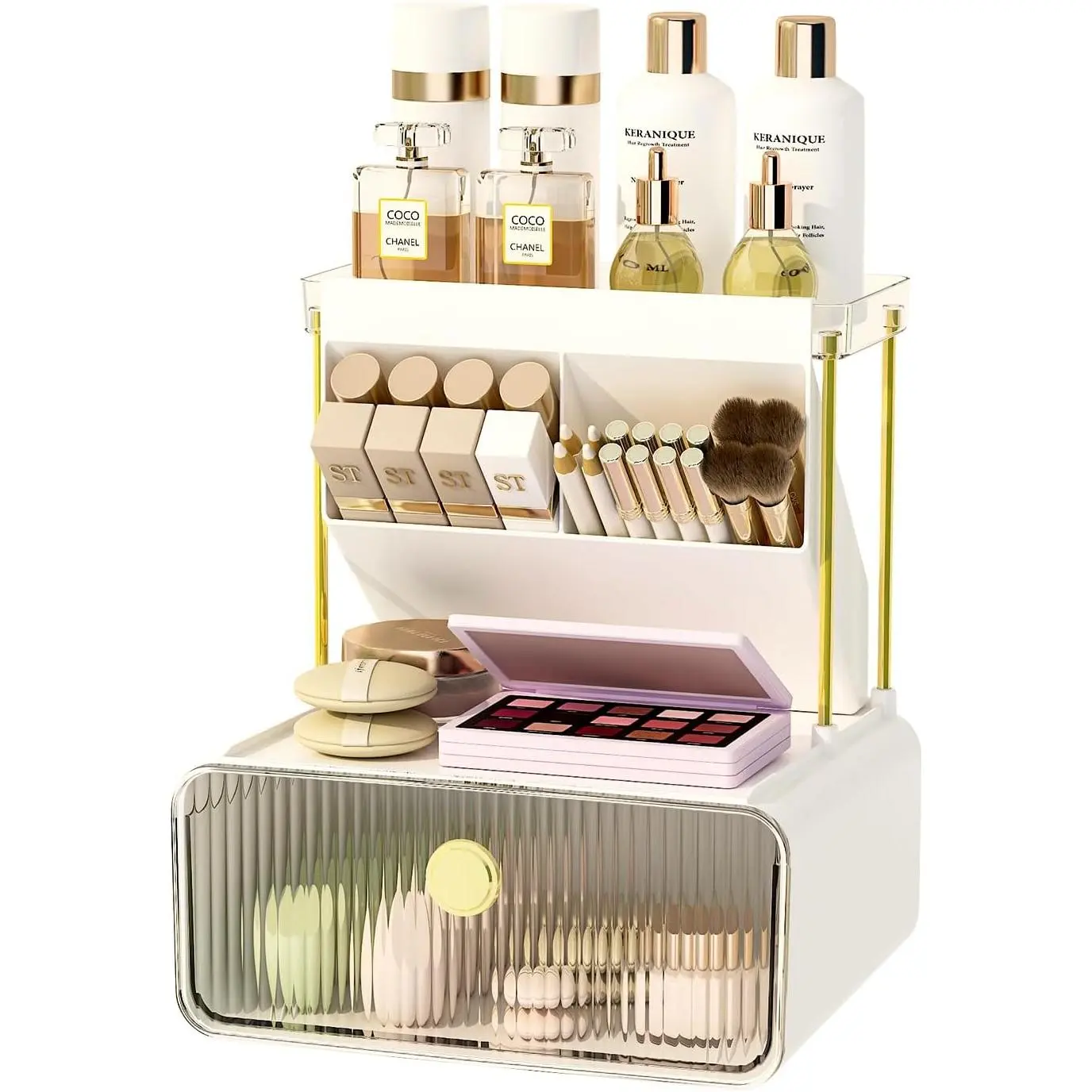 Bathroom Organizers and Storage with Drawer, Makeup Organizer |  Storage Organizer with Makeup Brush Holder, Perfume Lotion  Organizer, Idea  for Women & Girls
