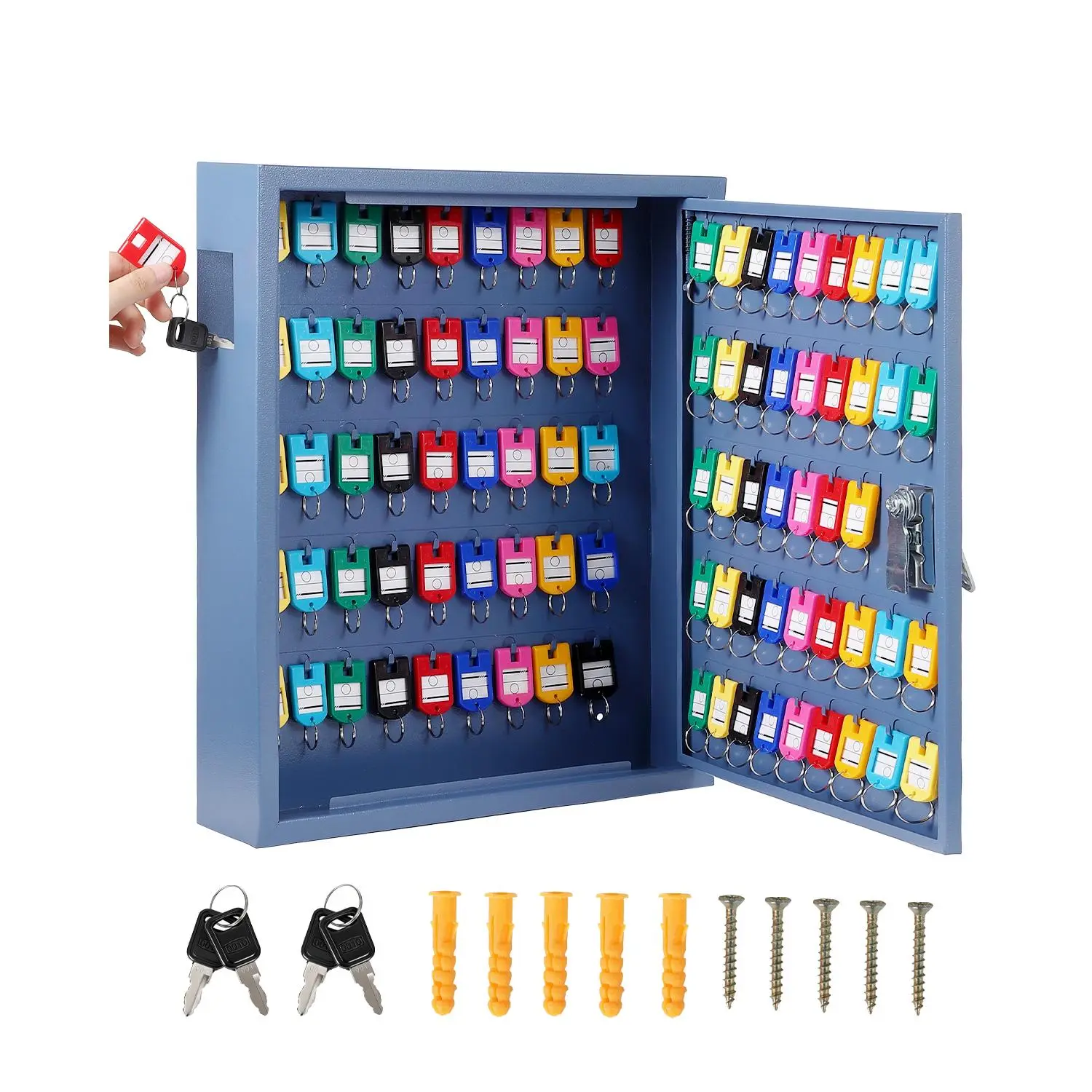 Wall-Mount Steel Key Cabinet with Digital Stickers, 88 or 133 Hooks, White, Blue, or Black