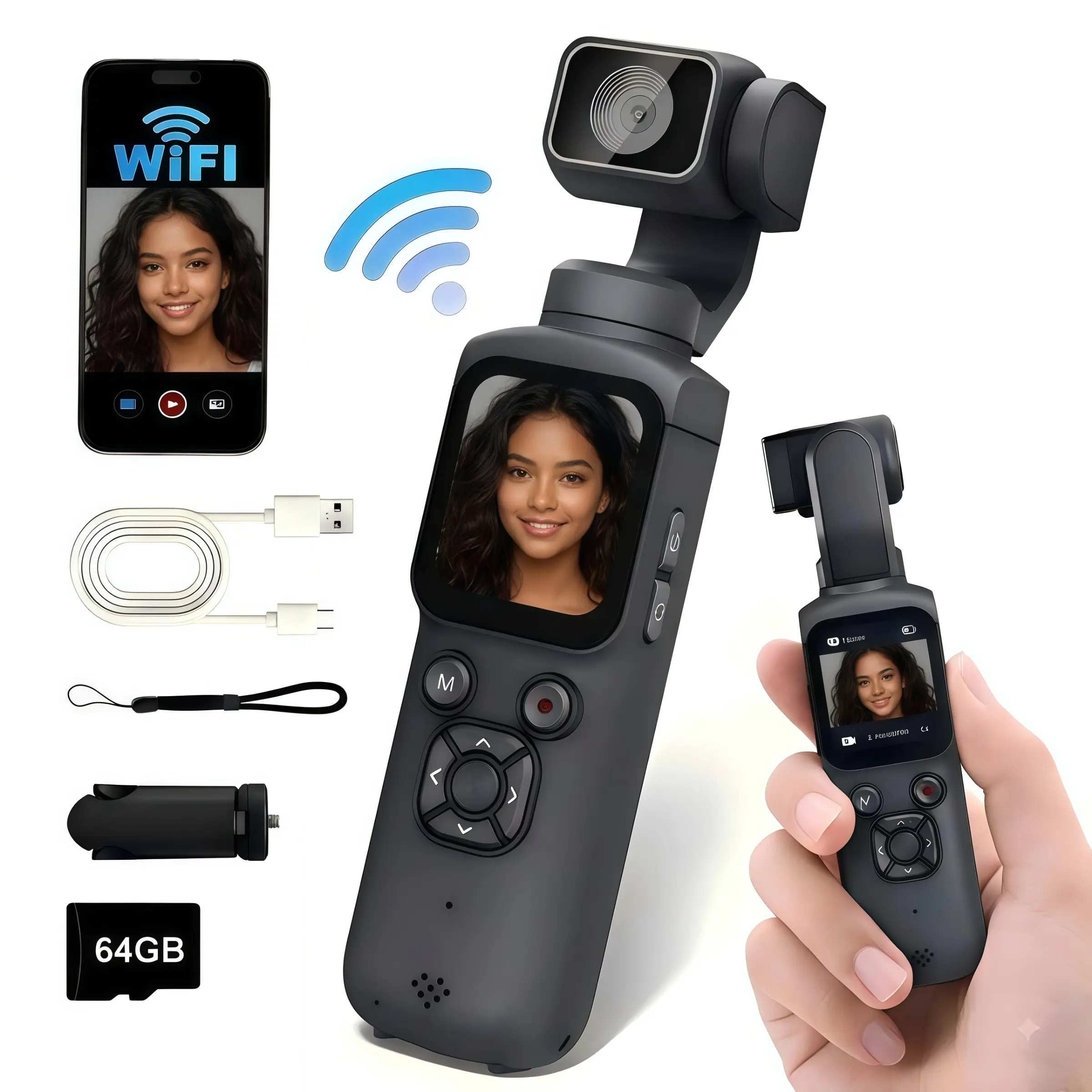 Pocket Camera for Vlogging, Portable Pocket Camera, 75mp Handheld Vlogging Camera, 330° Rotating Lens, Wireless, 64g TF Card, 1.72" Touch Screen, Face Tracking, Tripod