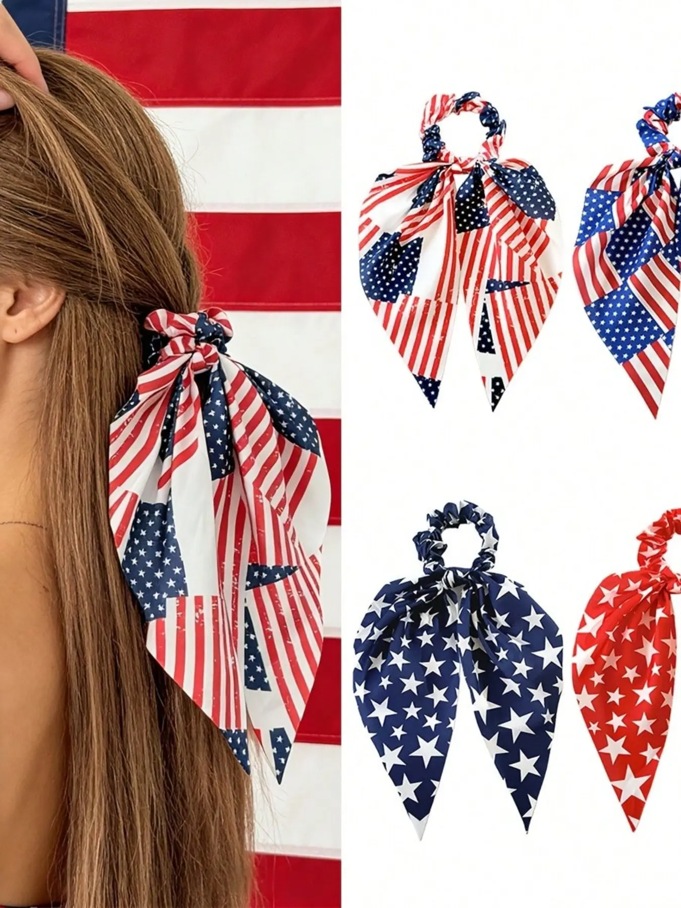 Independence Day Scrunchie, Star & Stripe Bow Long Ribbon Hair Tie, Patriotic Style Ponytail Holder, American Flag Theme Hair Accessory For Holiday Party Daily Wear