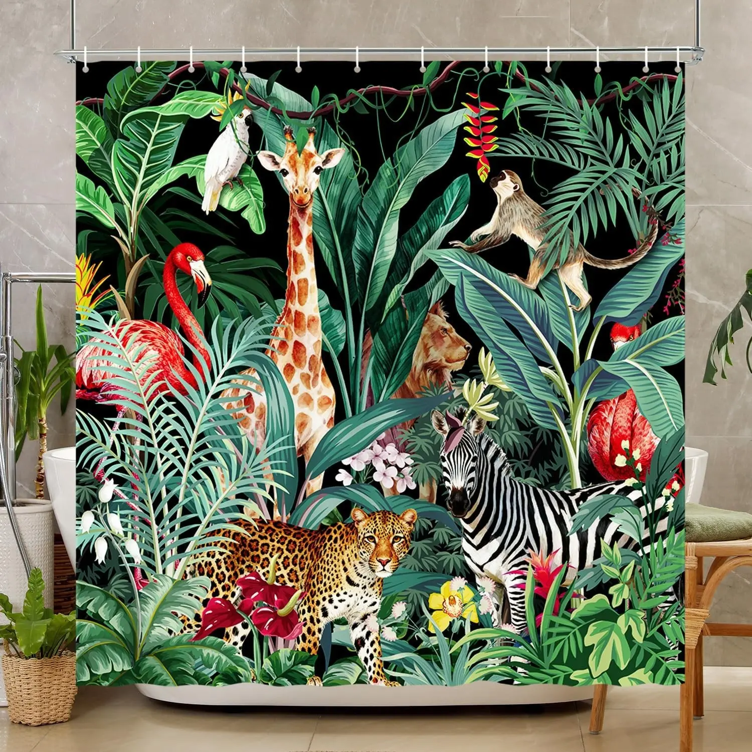 Jungle Wildlife Bath Curtain, Tropical Rainforest Palm Leaf Bathroom Decor, Safari Theme Giraffe Parrot Cheetah Modern Shower Curtain 70.9x70.9 Inches