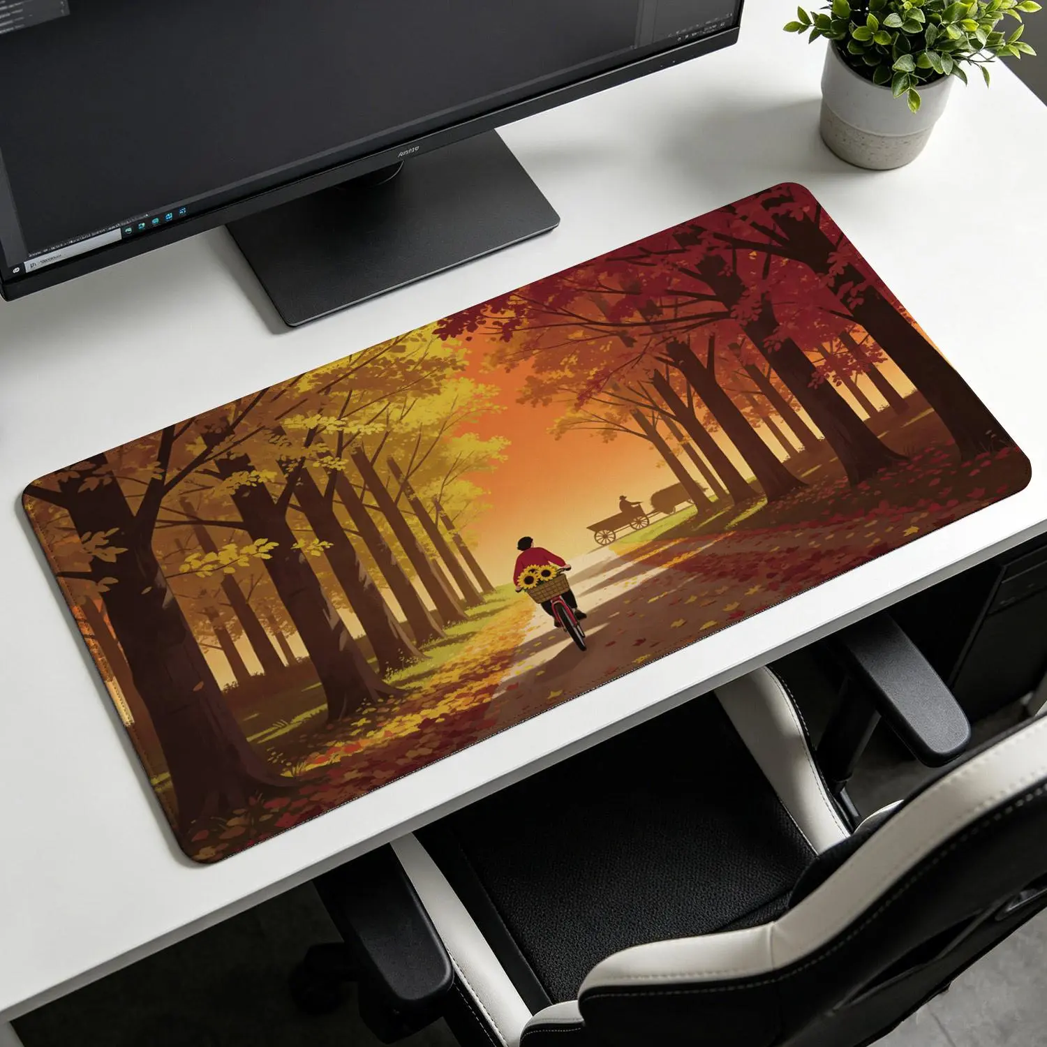 3D Banana Design Extra Large Autumn Forest Biking Scenery Mouse Pad, Non-Slip Rubber Base, Washable Locked-Edge Multi-Size Desktop Protector, Premium Multipurpose Pad for Office, Gaming, Gifting