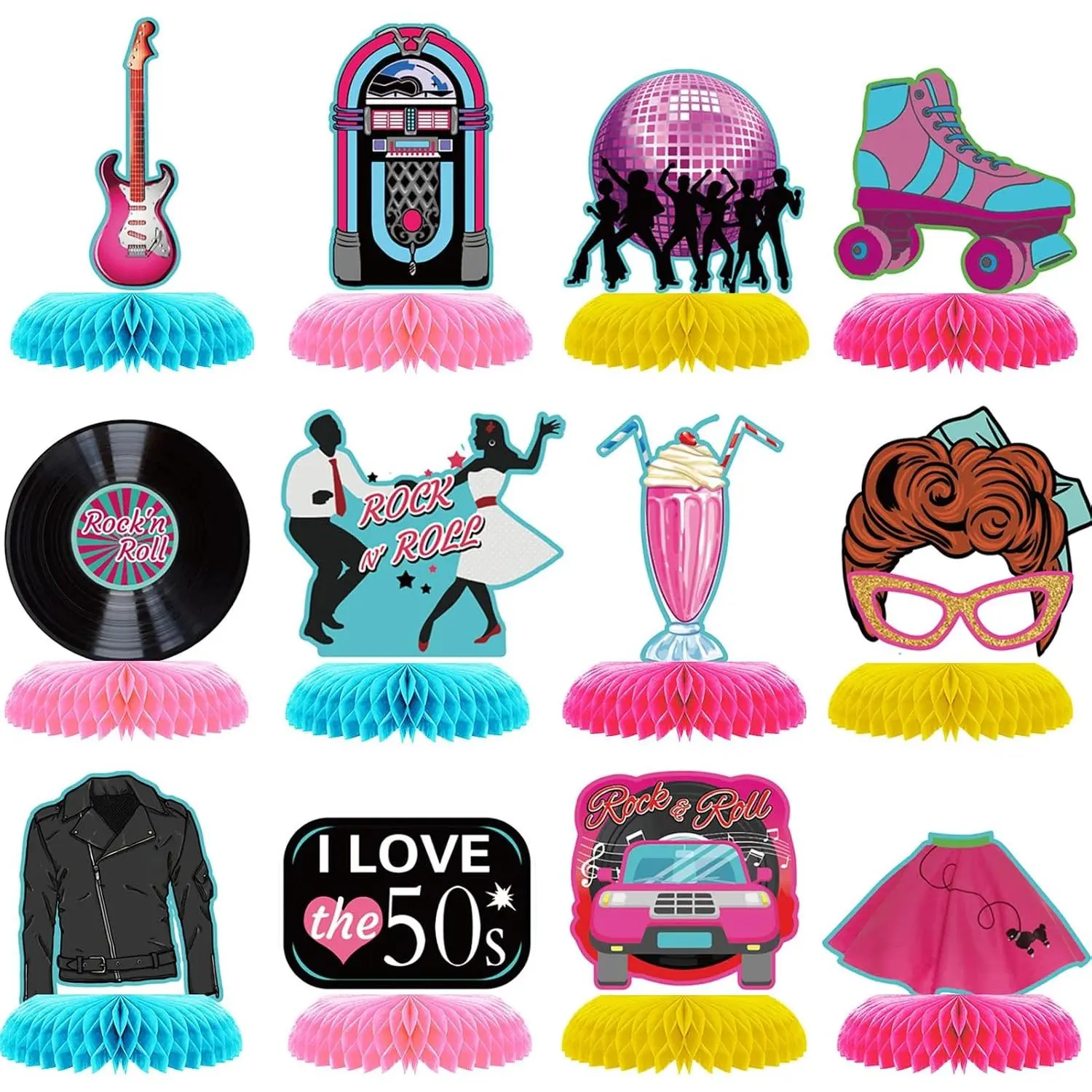 12 count 1950's Rock and Roll  Centerpieces 50's Party Decorations 50s Retro Table Toppers Table Centerpieces for 50's 60's Theme  Party Supplies Favors