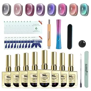 Hl 8 Color Cat Eye Gel Set, Velvet Aurora Magnetic Nail Polish Kit, Includes Magnet Rod and Tools, Silver Blue Flash Effects